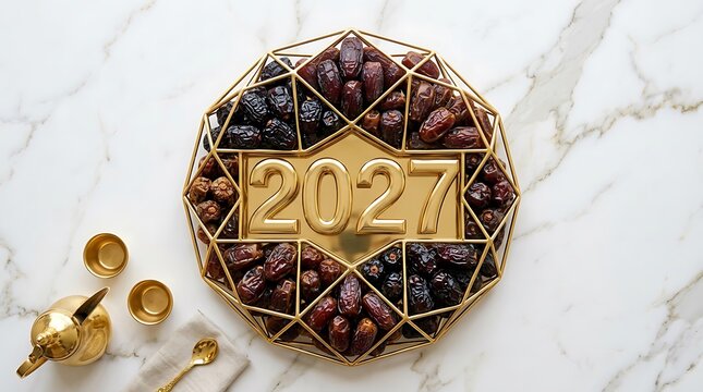 Flat Lay Premium Arabian Dates with Golden 2027 Numbers on Marble