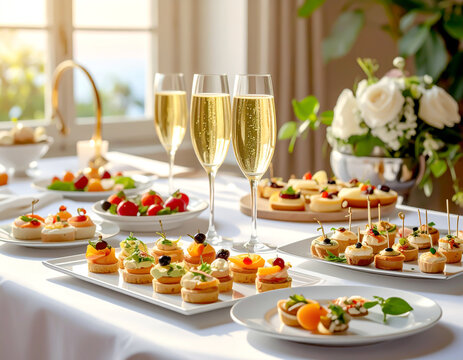 Eleganter Sektempfang mit Fingerfood und festlich gedecktem Tisch