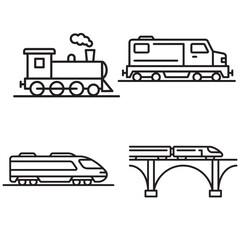 Line icon set of steam locomotive with smoke diesel engine high speed bullet train and railway viaduct bridge with passing train for rail transport travel and public transit themes © Imran
