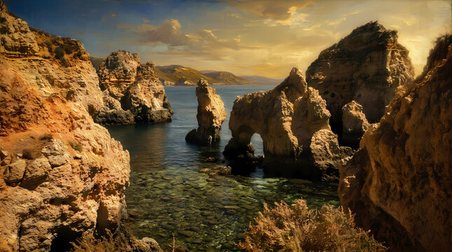 Clear transparent sea water with rocky bottom and majestic rock arches coast landscape oil painting style illustration AI generated
