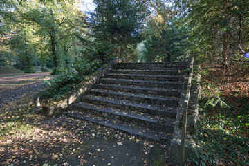 Obraz premium Old stone stairs leading into a lush forest park during a peaceful autumn afternoon in nature