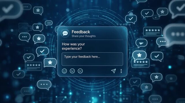 Digital feedback and online rating system with virtual notification icons and abstract futuristic technological background