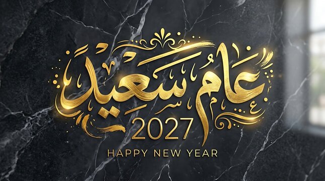 Modern Arabic Calligraphy Happy New Year 2027 on Dark Marble Wall