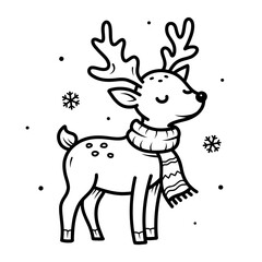 Obraz premium Cute smiling reindeer wearing a winter scarf, surrounded by snowflakes. Black and white hand-drawn doodle illustration for Christmas and winter designs.
