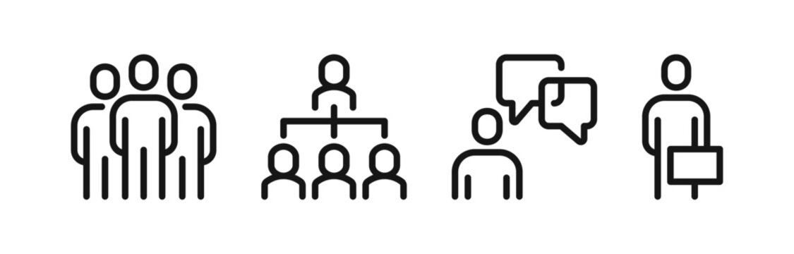 Business people and communication line icons, team collaboration, organizational structure, customer service and professional interaction symbols, editable vector illustration.