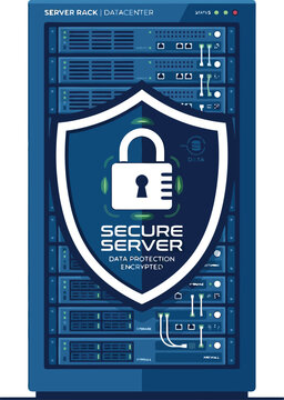 An illustration of a blue secure server rack with a large white padlock shield symbol.