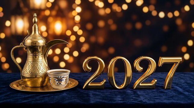  Traditional Arabian Coffee Dallah with Gold 2027 Numbers New Year Concept