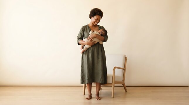 Photorealistic full-body commercial image of a Black mother breastfeeding her infant while standing beside a simple neutral chair.