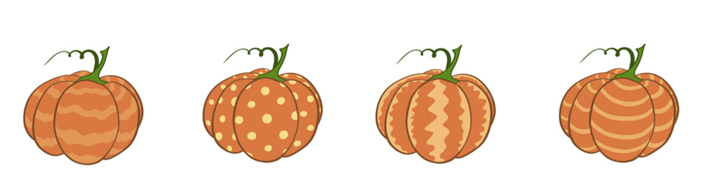 Four orange pumpkins with green stems and varied patterns isolated on