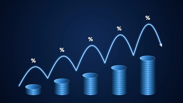 Financial growth graph animation showing percentage increase with stack of coins in blue motion footage