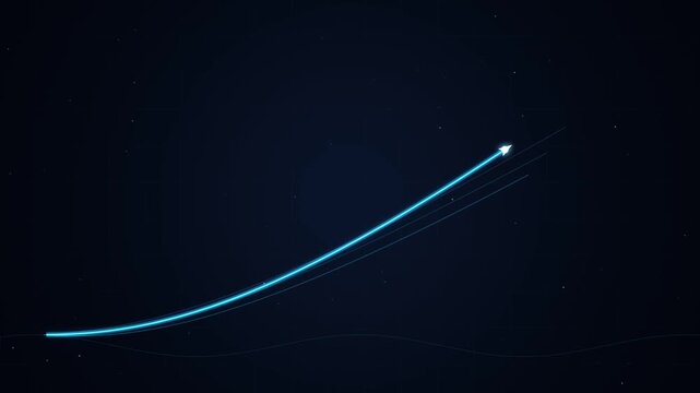 Glowing neon blue arrow ascending along curved trajectory lines against dark digital grid video footage