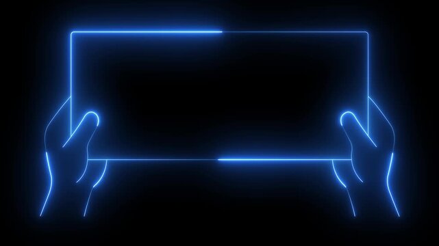 glowing neon hands holding up a blank rectangle business card icon isolated on black background. Hands holding a frame against a with business presentation. 4k video animation.