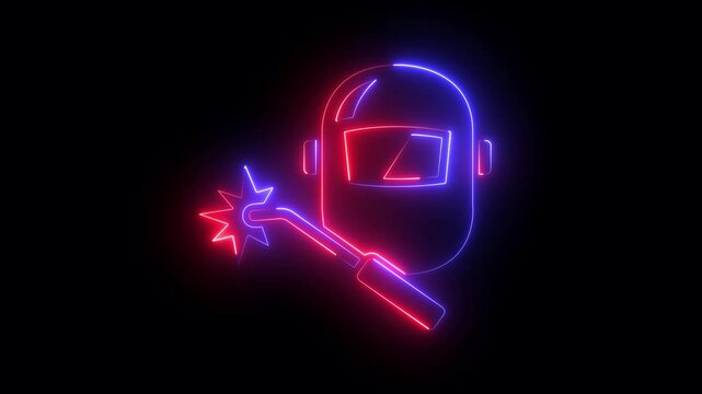 glowing neon Welding icon isolated on black background. welding helmet and welding torch icon, industrial welder. Ideal for safety equipment and industrial protection visuals. 4k video animation.