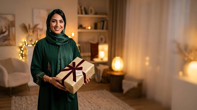 Arab Woman in Abaya Holding Gold Gift Box for New Year 2027