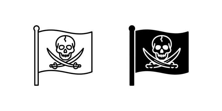 Pirate flag skull and swords emblem black flat icons for nautical adventure and gaming designs.
