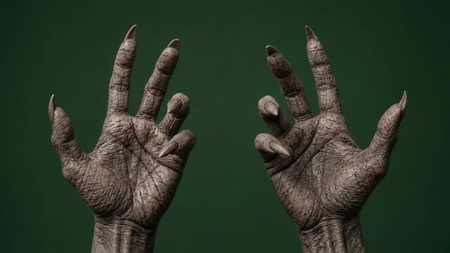 Creepy monster hands with sharp claws and textured scaly skin on a dark green background