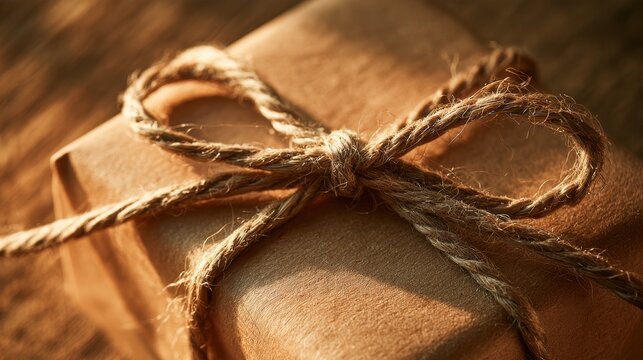 Close-up of a natural hemp twine bow on a kraft gift box
