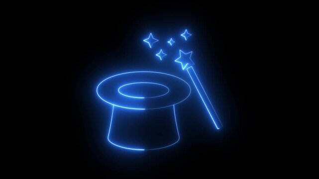 glowing neon magician top hat icon with a magic wand and glittering star sparkles on black background. Magic wand, magic hat set star wand, magical stardust. 4k video animation.