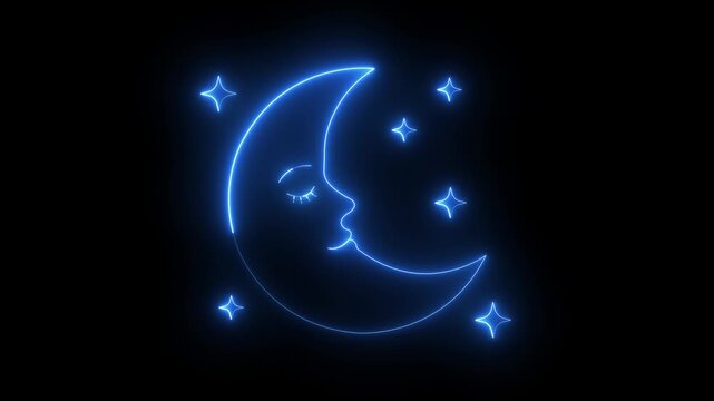 glowing neon smiling crescent moon face icon in space on black background. Cute sleeping crescent moon with smiling face and starry night. 4k video animation.