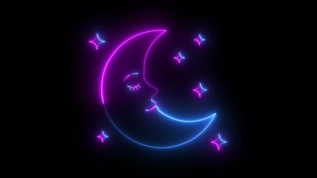 glowing neon smiling crescent moon face icon in space on black background. Cute sleeping crescent moon with smiling face and starry night. 4k video animation.