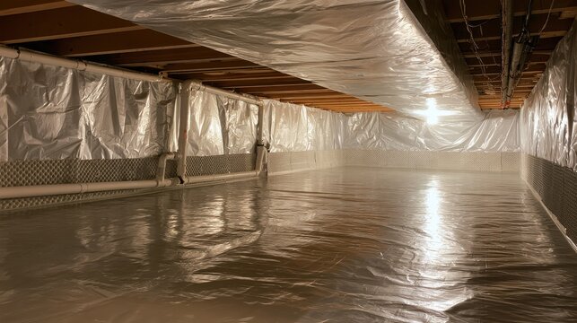 Encapsulated crawl space in a basement with reflective insulation blankets, dimple board, and visible radon mitigation piping for energy-saving retrofit