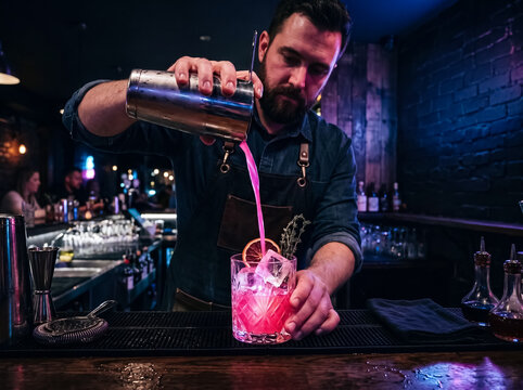A bartender with a beard is preparing a vibrant pink cocktail in a dimly lit bar. The drink is being poured from a shaker into a glass filled with ice and garnished with a citrus slice