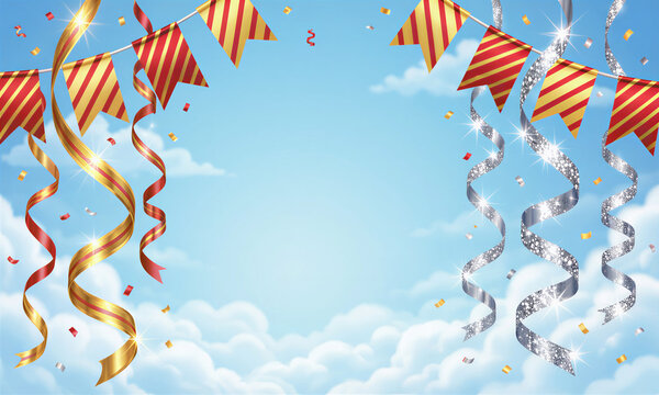 Colorful birthday decorations with red and yellow flags, gold and silver ribbons, and confetti float in a blue sky with white clouds on a birthday.