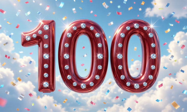 Large red shiny number 100 with diamonds and confetti celebrating a birthday.