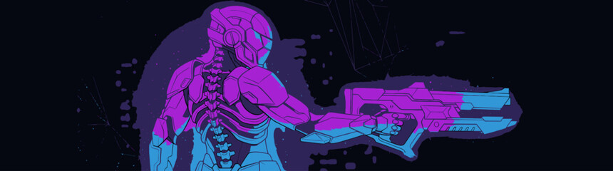 Obraz premium Cyberpunk warrior holding futuristic weapon with neon glow