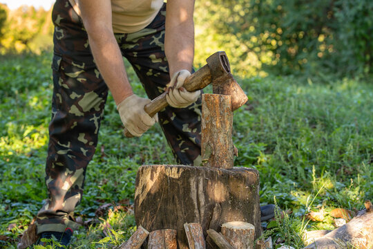 Man grips axe against upright firewood, preparing to split log on stump. Wearing gloves and camouflage trousers, woodcutter works outdoors among green woodland plants, holding tool firmly at wood.