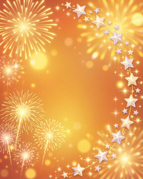 Vibrant orange background with white stars and fireworks display for a birthday celebration.