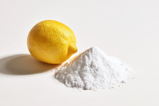 Close-up photo of lemon beside baking soda powder in a bright studio setup