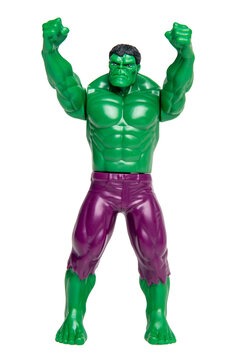 Hulk action figure, raised arms pose, isolated on transparent background PNG