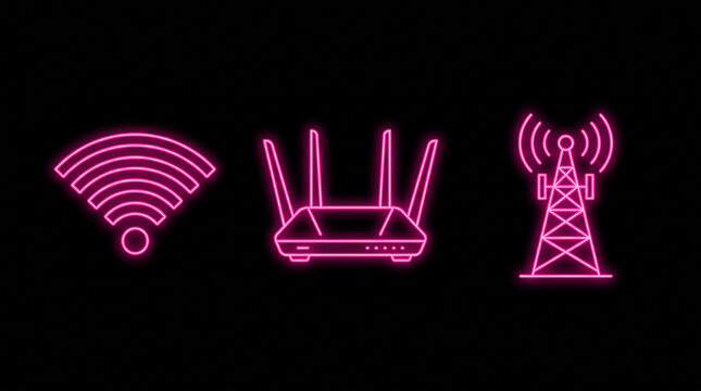 Hot Pink Neon WiFi Router and Signal Tower Communication Icons