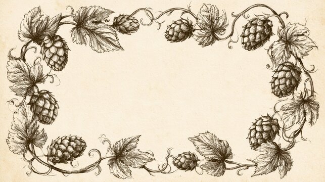 Decorative hop border sketch for beer packaging and emblems