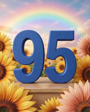 A vibrant birthday illustration featuring a large blue number 95 on a wooden surface surrounded by colorful sunflowers and a rainbow in the background, evoking a celebratory atmosphere.