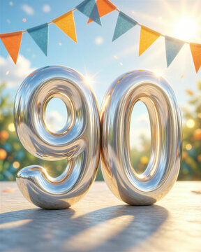 Large silver balloons form the number 90 on a table outdoors under a colorful birthday banner on a sunny day with blue sky and clouds.