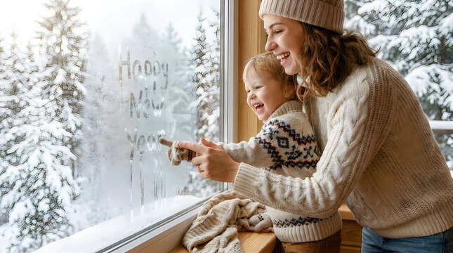 Mother and son writing Happy New Year on a frosty window in winter