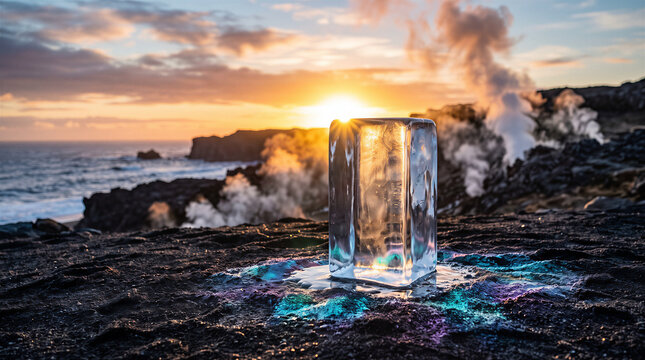 Block of ice melting on volcanic rock at sunset