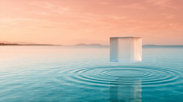 Glass cube floating above calm water with sunset sky