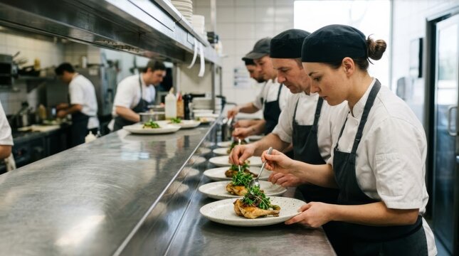 Chefs meticulously plating gourmet dishes at a busy restaurant kitchen pass, professional culinary team working together