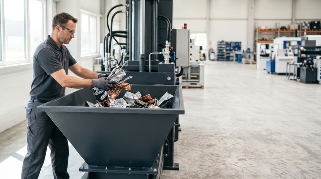 Man in factory feeding crumpled metal sheets into industrial hopper for recycling and reprocessing
