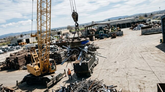 Heavy duty crane with electromagnet lifts scrap metal for recycling in an industrial yard