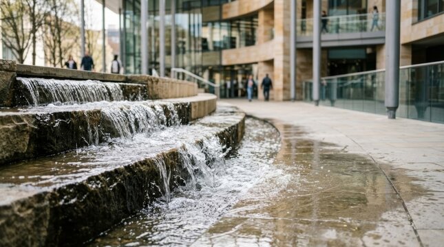 Cascading water over stone tiers in a modern urban courtyard with shallow depth of field, bright daylight.