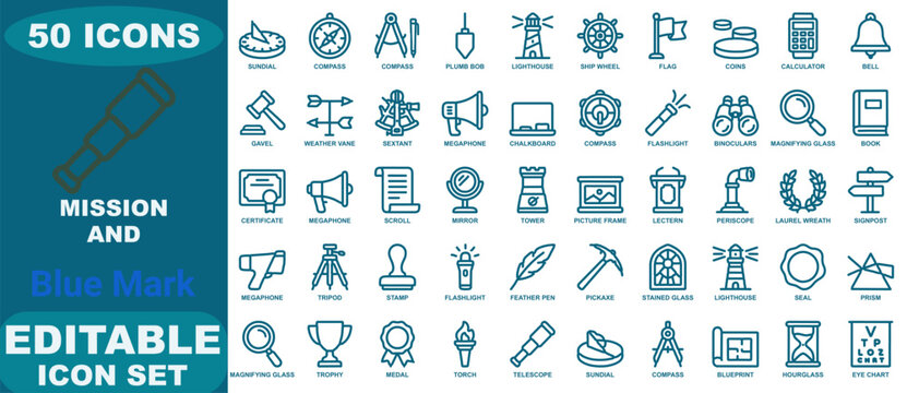 Fifty blue line icons for mission, exploration, navigation, and discovery tools set featuring nautical and scientific equipment symbols