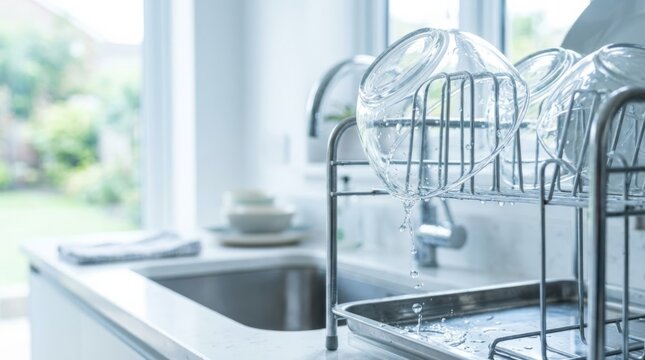 Water droplets falling from clean glass bowls on a drying rack near a modern kitchen sink, bright natural light