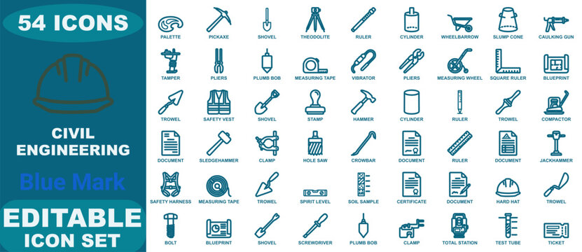 Comprehensive collection of fifty-four blue line icons for civil engineering, construction tools, and architecture planning equipment set