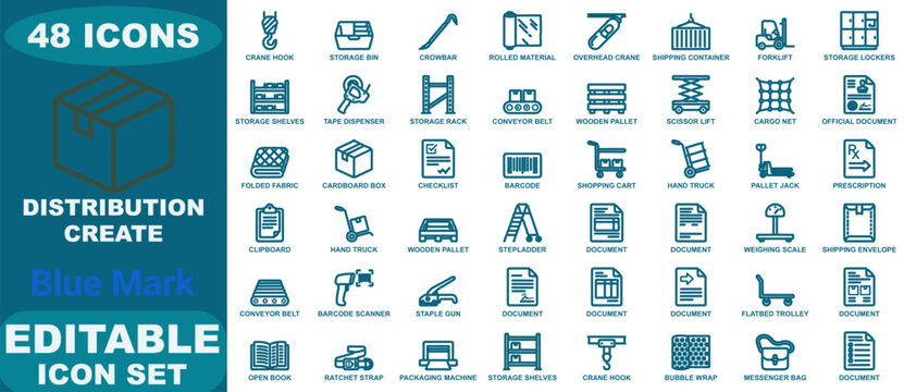 Forty-eight blue line icons for logistics, distribution, shipping, and warehouse management systems on a clean white background collection
