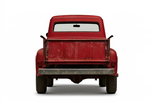 Back of an old red pickup truck against a seamless white backdrop, studio-lit product shot