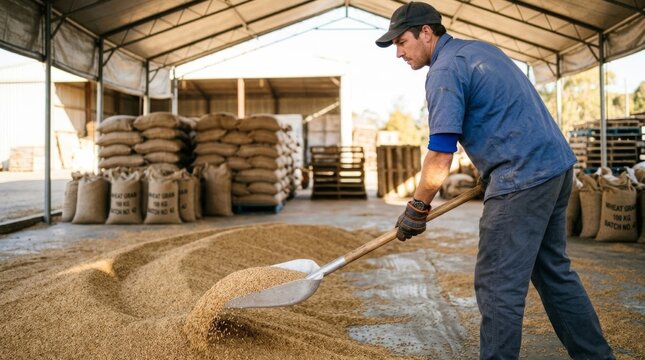 Farm worker shoveling grain in sunny warehouse, agriculture and food production concept